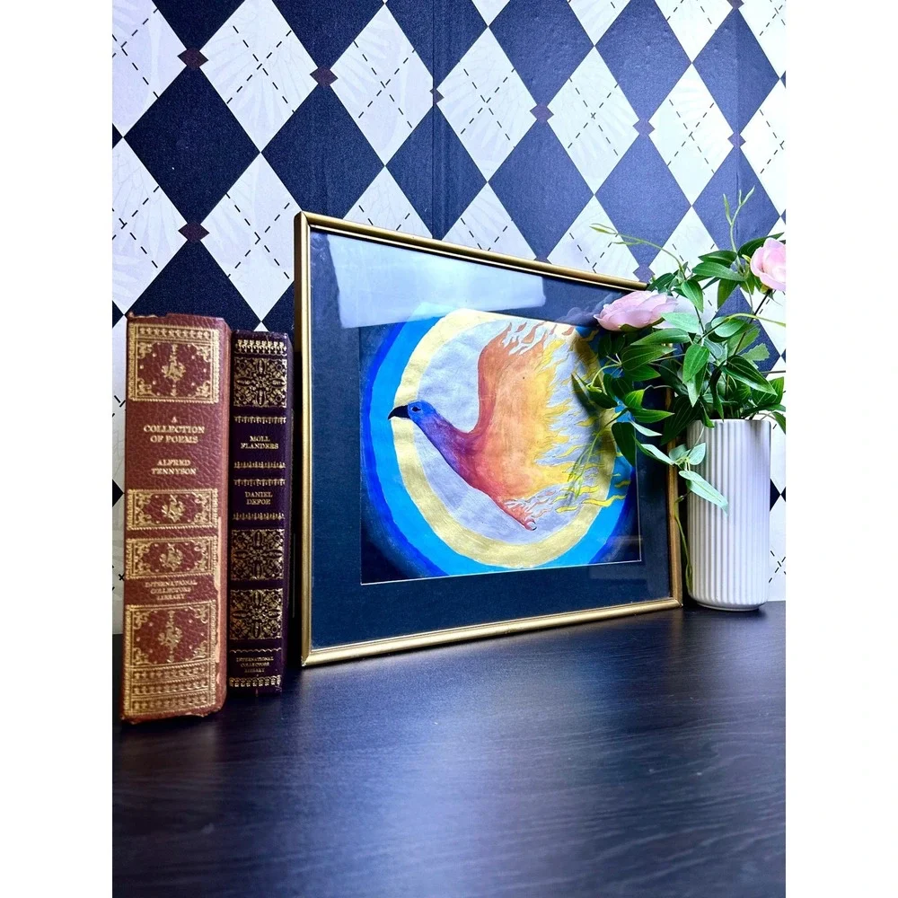 Original Framed Phoenix Bird Painting Celestial Outsider‎ Folk Art 15